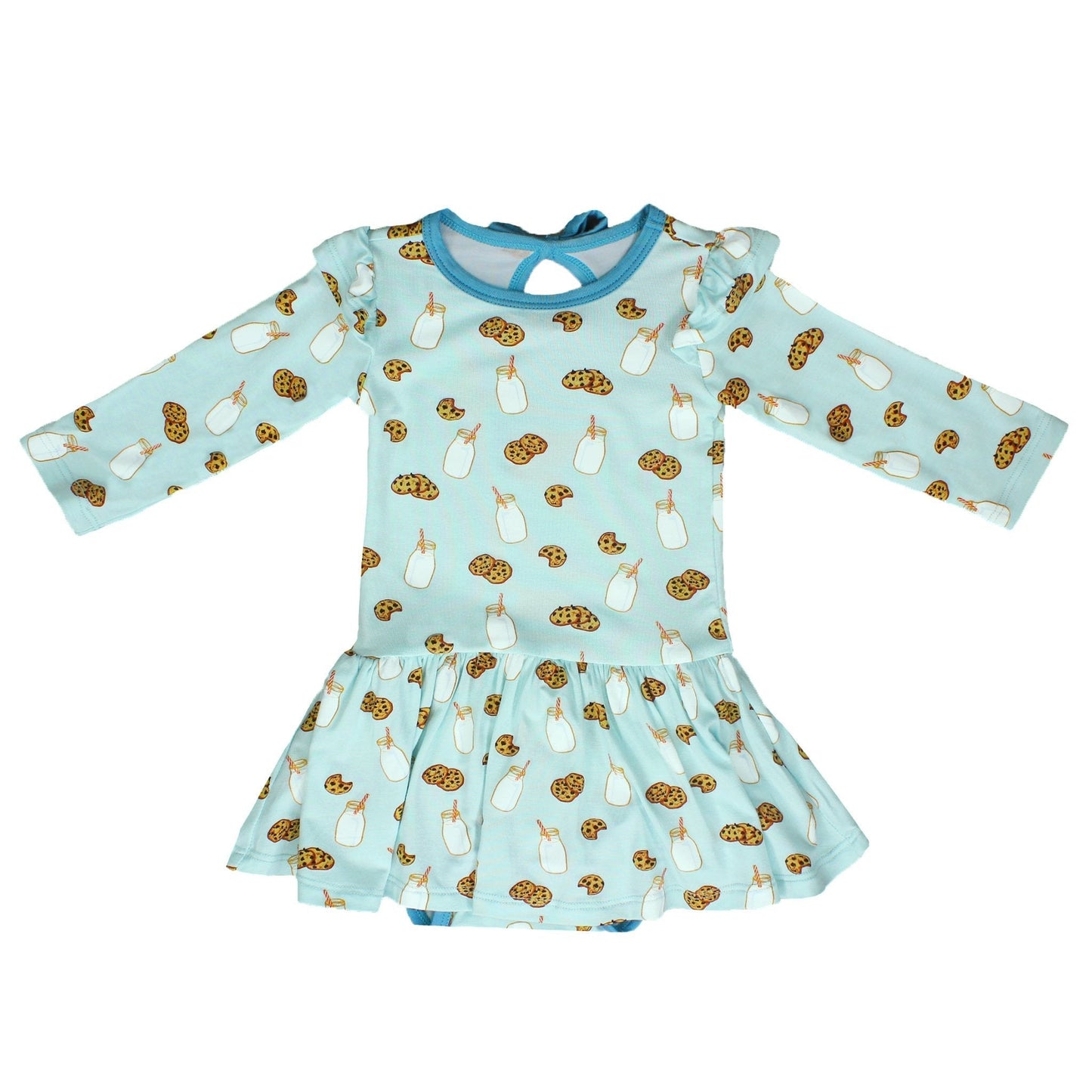 Frosted Blue Milk & Cookies Long Sleeve Twirling Bodysuit Dress (3 - 24m) - Mack & Harvie