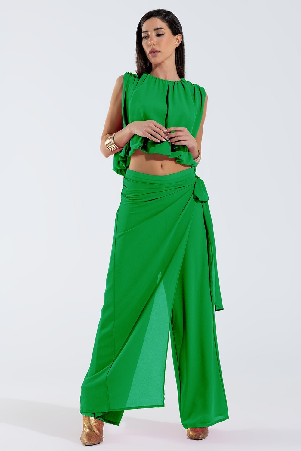 Green Chiffon Top With Ruche Design - Mack & Harvie