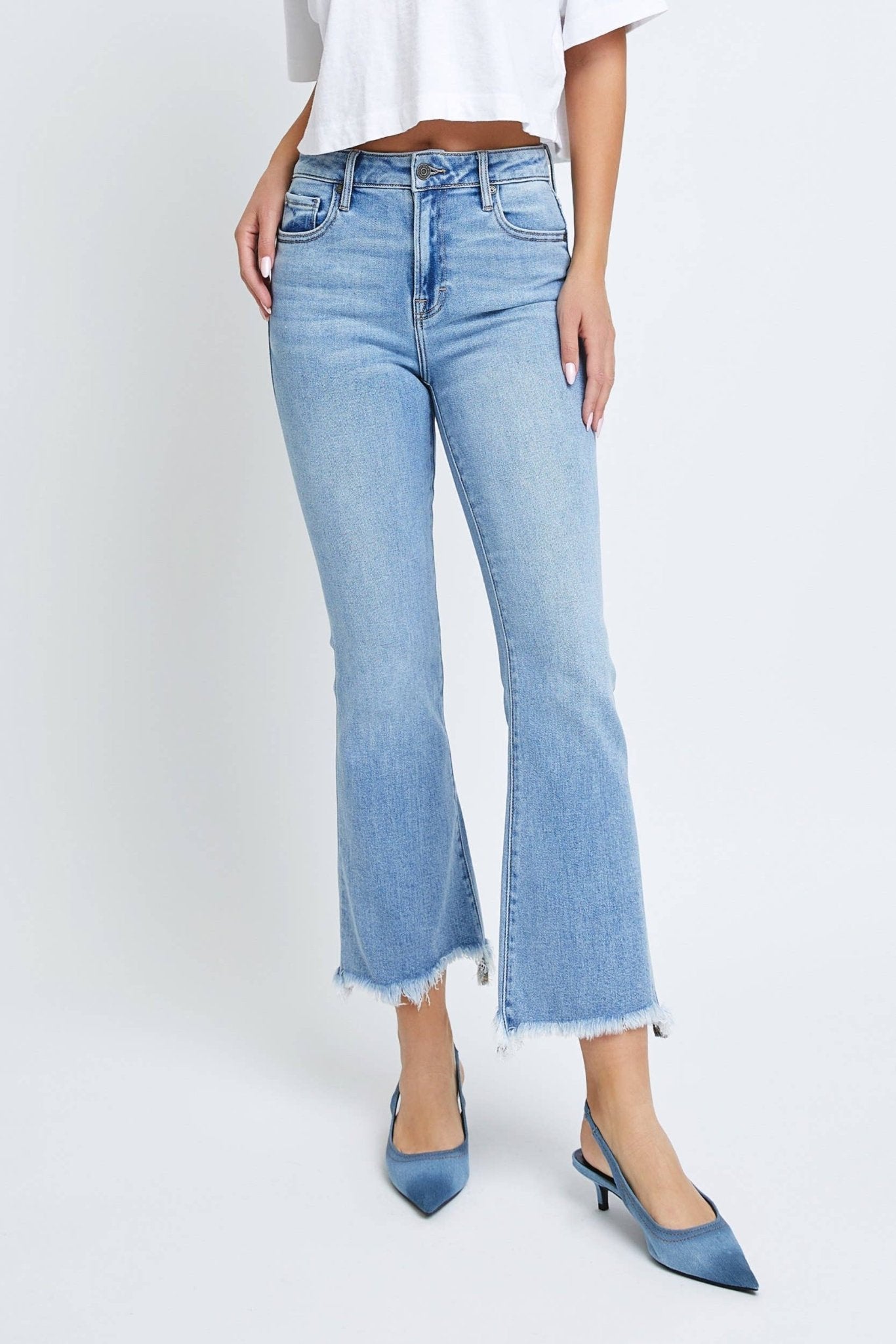 Hidden Jeans - Medium Wash Clean Frayed Hem Stretch Crop Flare - Mack & Harvie