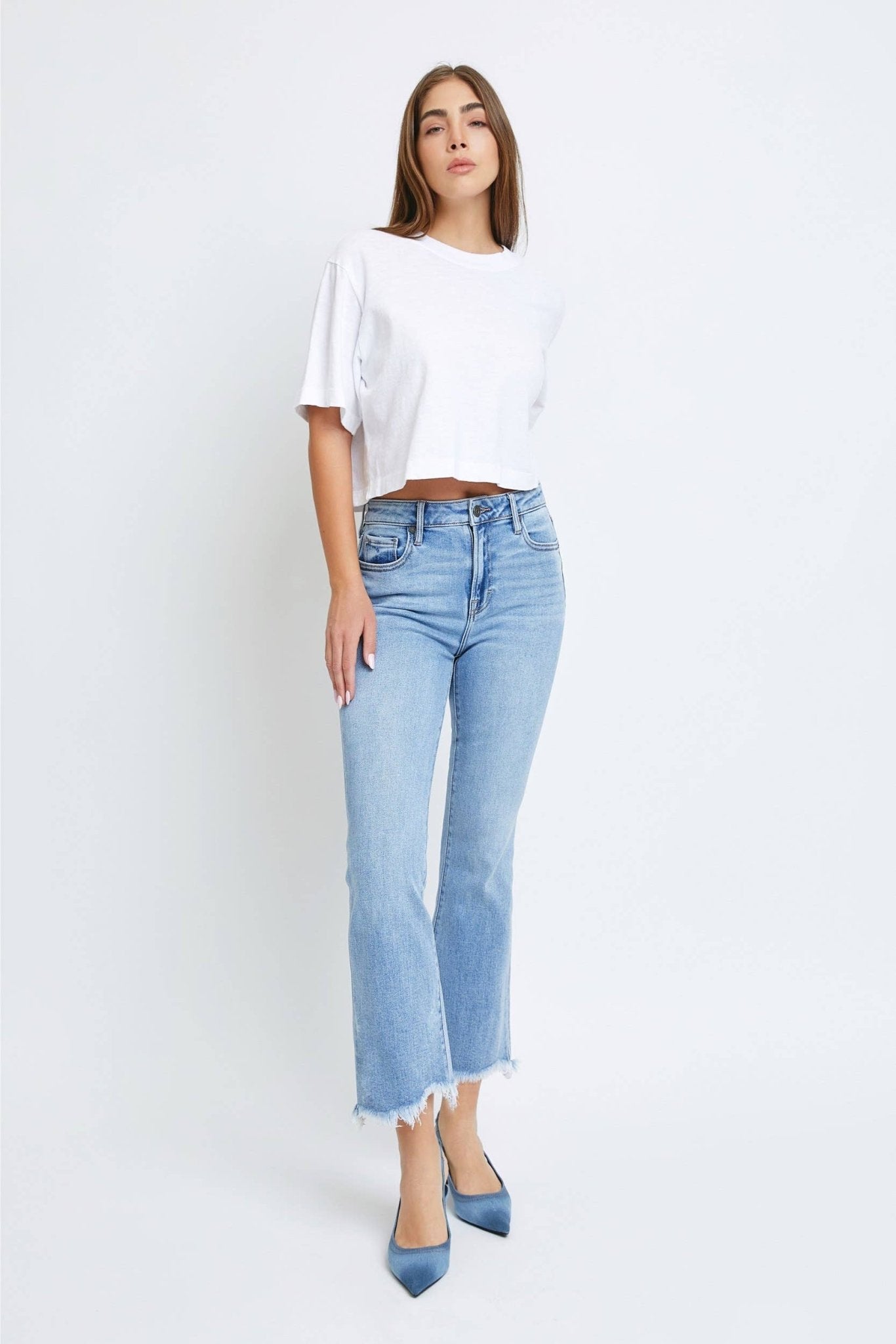 Hidden Jeans - Medium Wash Clean Frayed Hem Stretch Crop Flare - Mack & Harvie