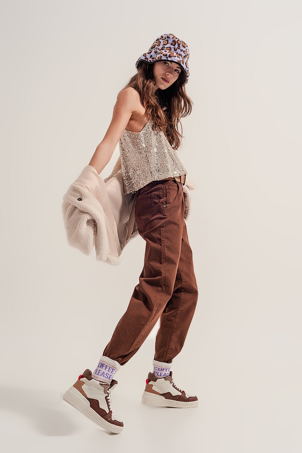 High Rise Mom Jeans With Pleat Front in Brown - Mack & Harvie