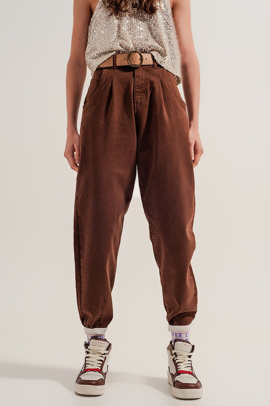 High Rise Mom Jeans With Pleat Front in Brown - Mack & Harvie