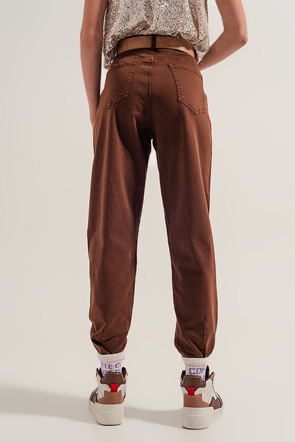 High Rise Mom Jeans With Pleat Front in Brown - Mack & Harvie