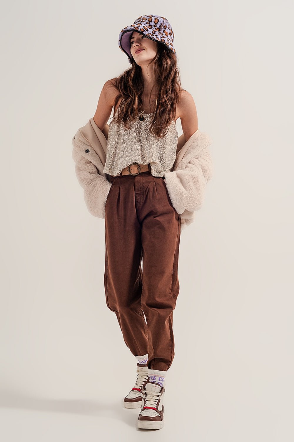 High Rise Mom Jeans With Pleat Front in Brown - Mack & Harvie