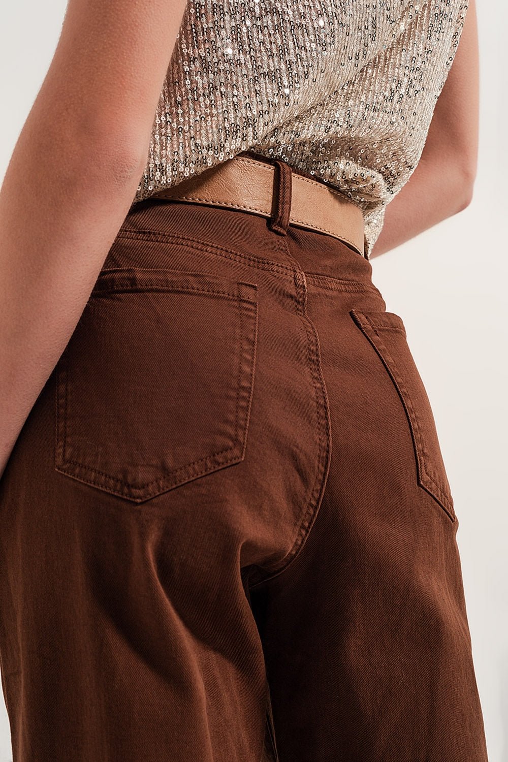 High Rise Mom Jeans With Pleat Front in Brown - Mack & Harvie