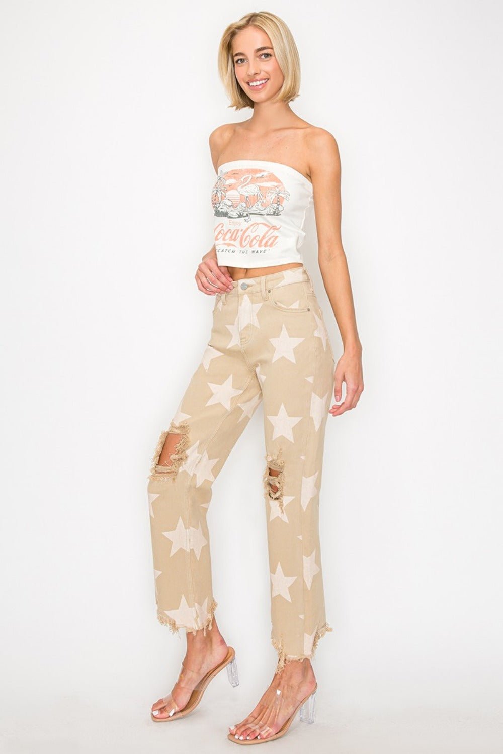 High Rise Star Printed Frayed Hem Jeans - Mack & Harvie