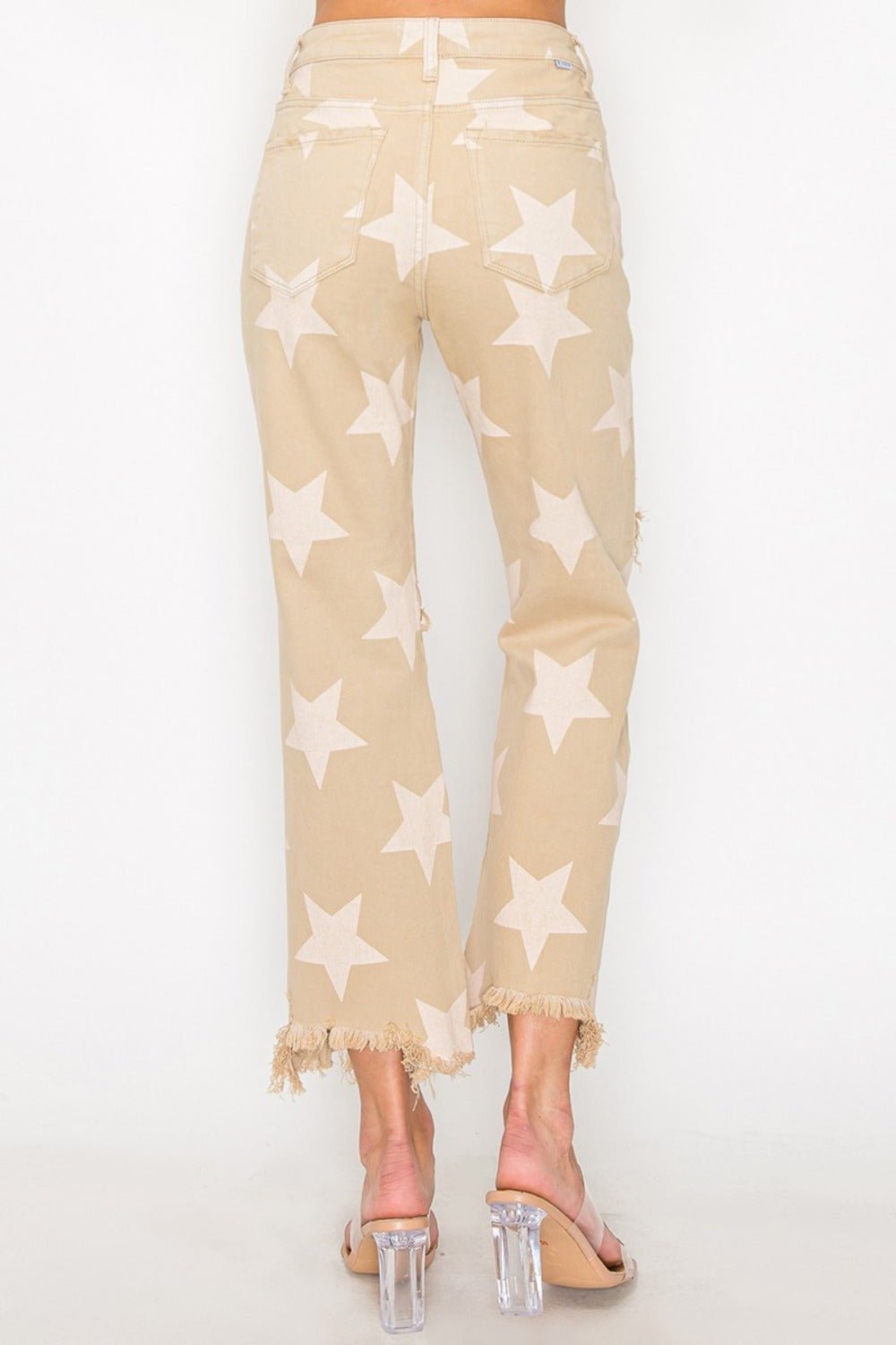 High Rise Star Printed Frayed Hem Jeans - Mack & Harvie