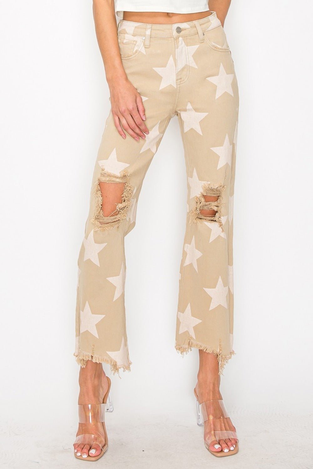 High Rise Star Printed Frayed Hem Jeans - Mack & Harvie