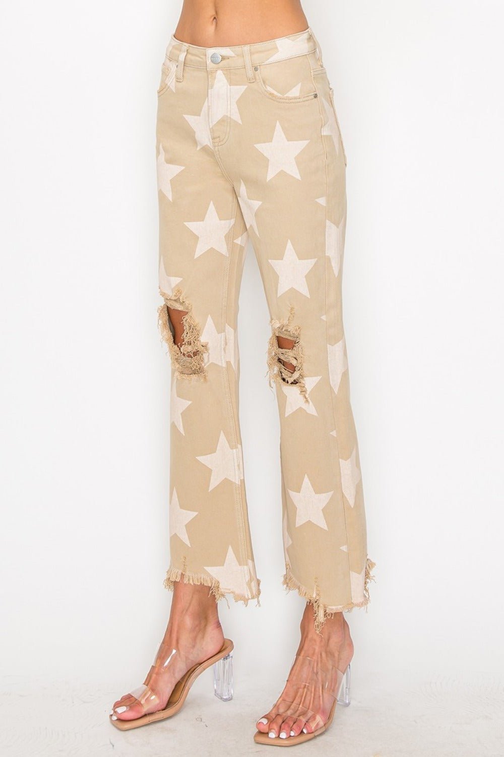 High Rise Star Printed Frayed Hem Jeans - Mack & Harvie