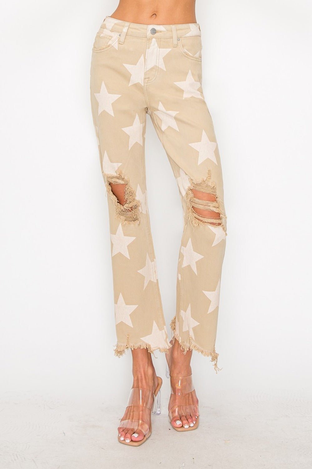 High Rise Star Printed Frayed Hem Jeans - Mack & Harvie