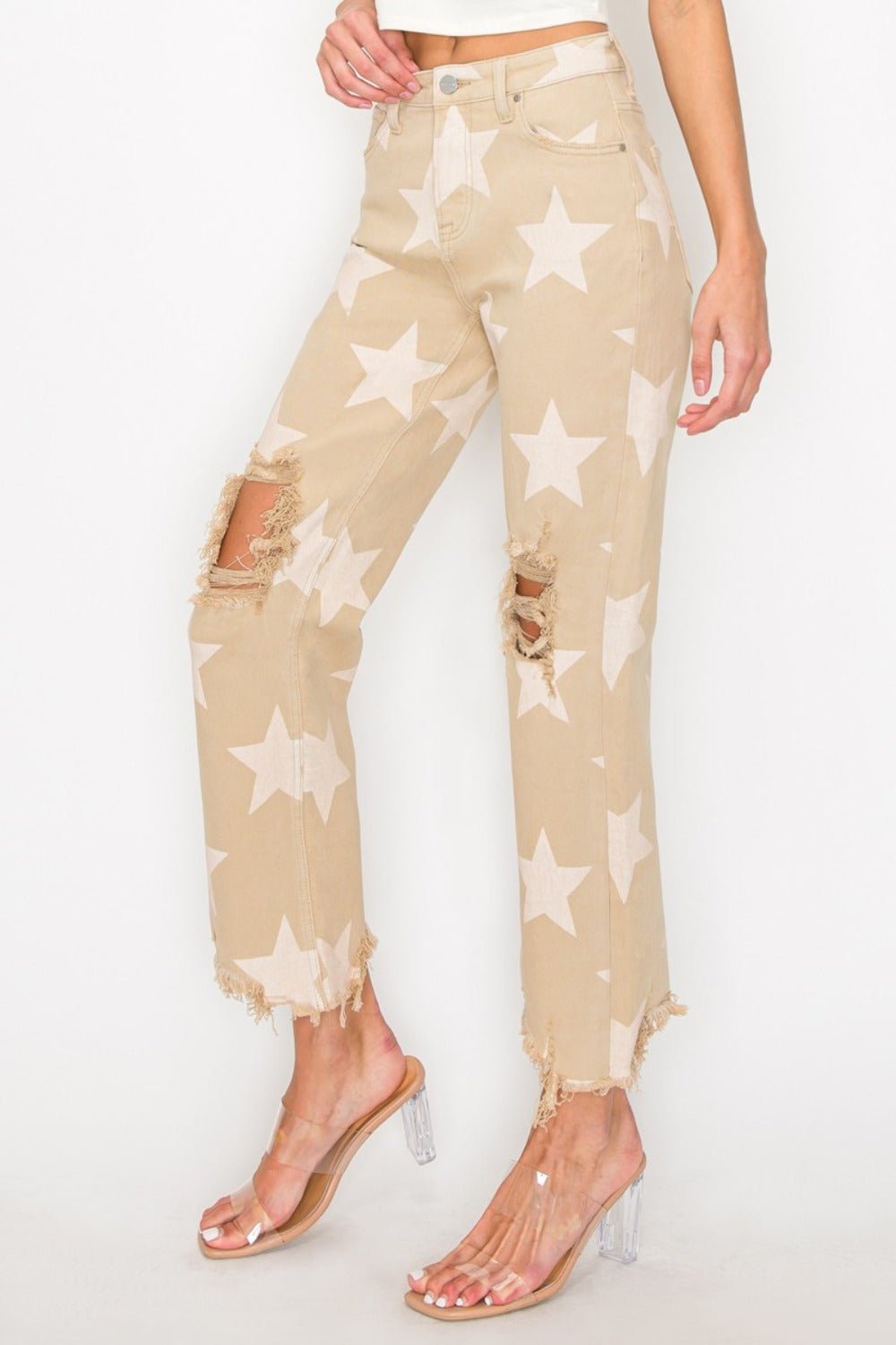 High Rise Star Printed Frayed Hem Jeans - Mack & Harvie