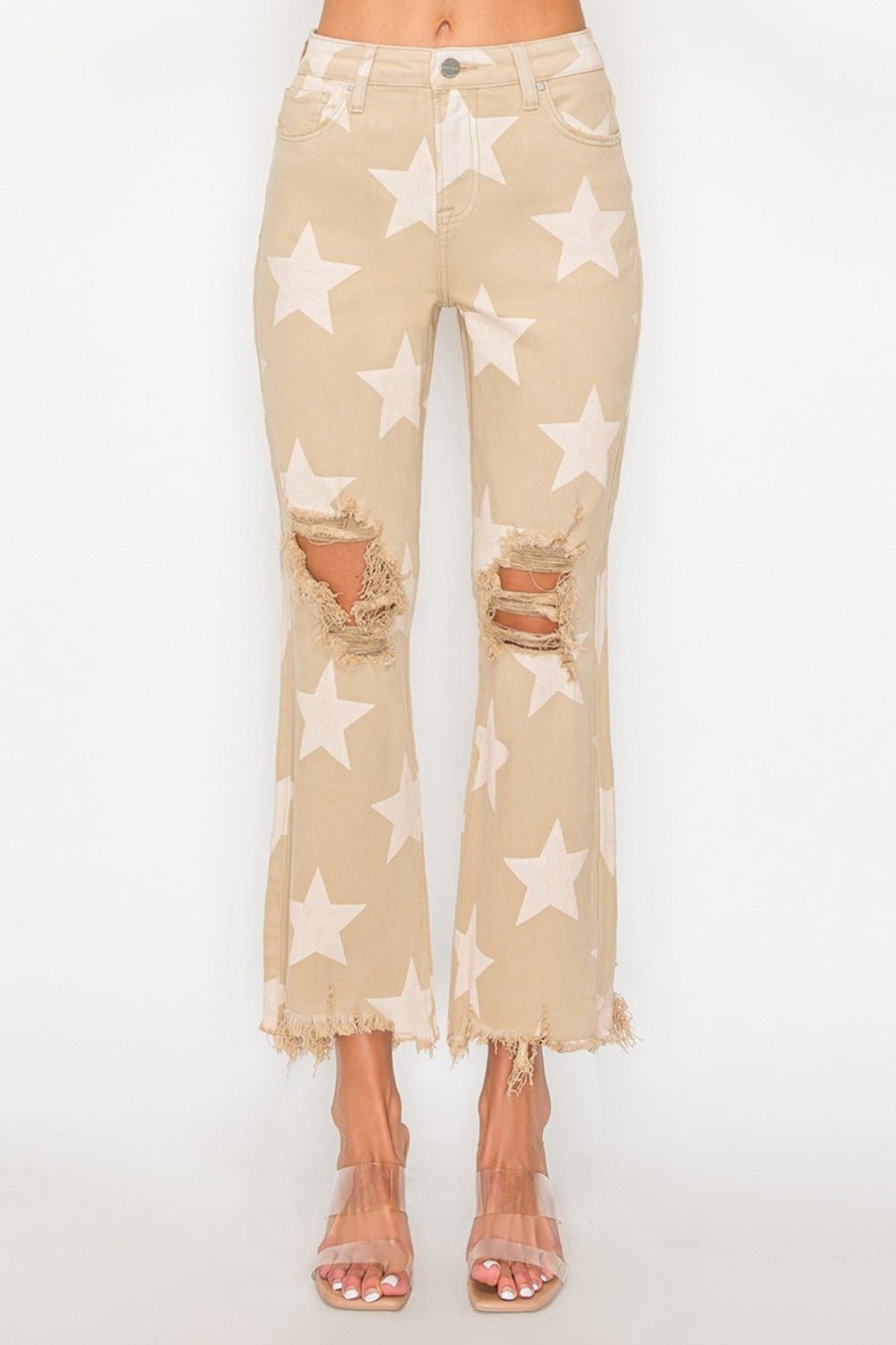 High Rise Star Printed Frayed Hem Jeans - Mack & Harvie