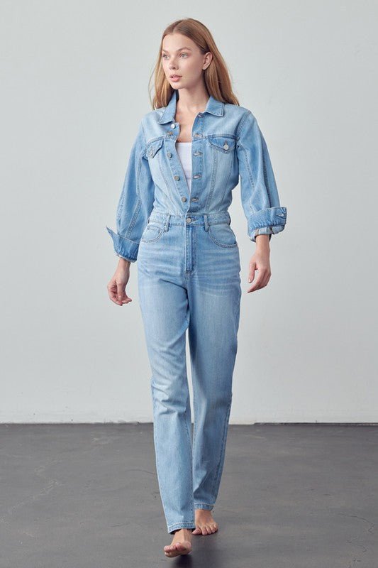 High Waist Flap Pocket Half Button Denim Jumpsuit - Mack & Harvie