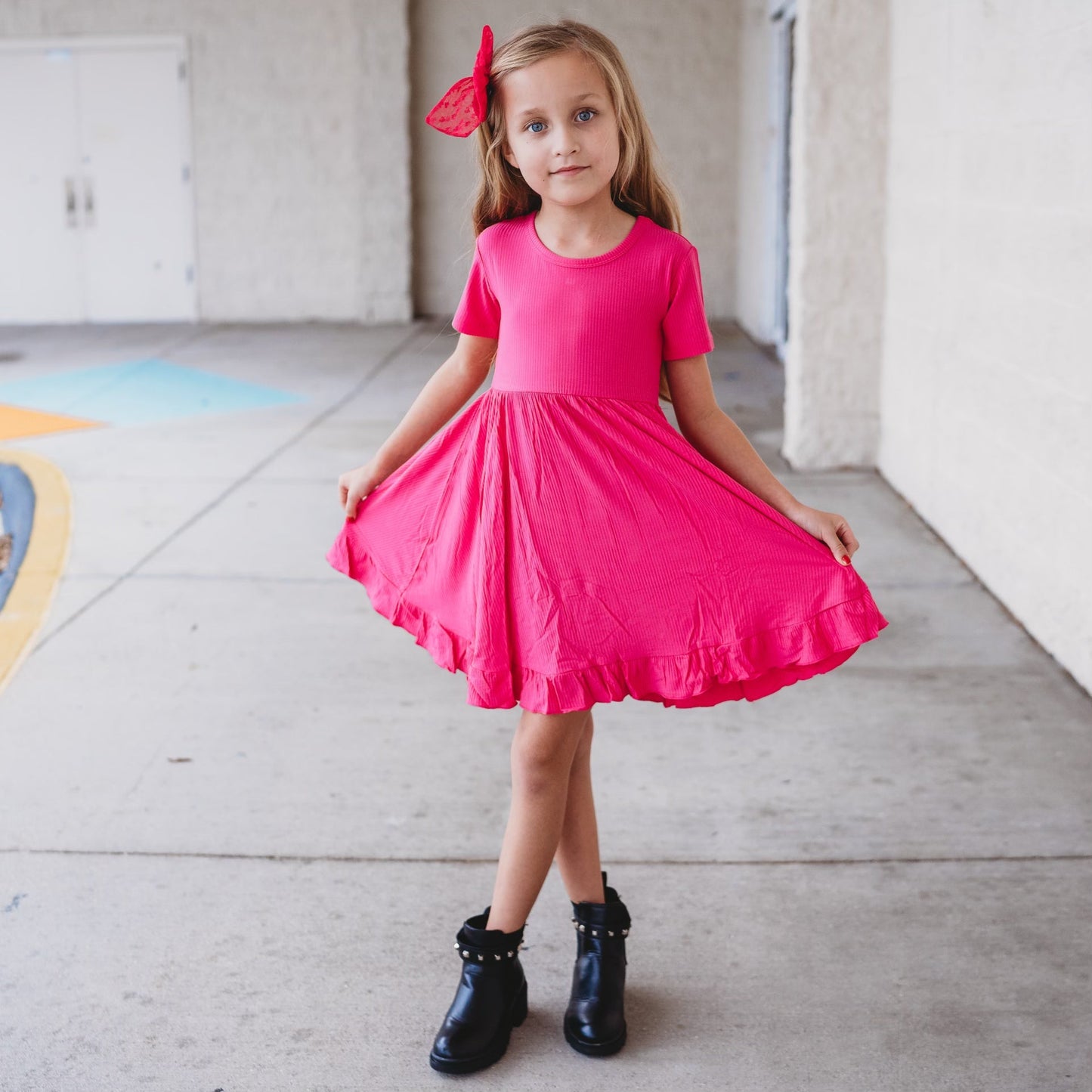 HOT PINK RIB DREAM RUFFLE DRESS - Mack & Harvie