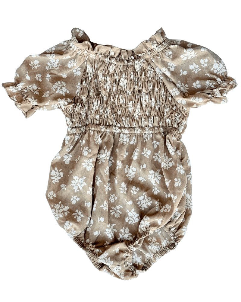 Jolie Puff Sleeve Smock Romper - Light Khaki Floral - Mack & Harvie