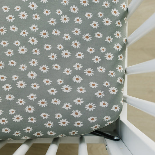 Light Green Daisy Bamboo Stretch Crib Sheet - Mack & Harvie