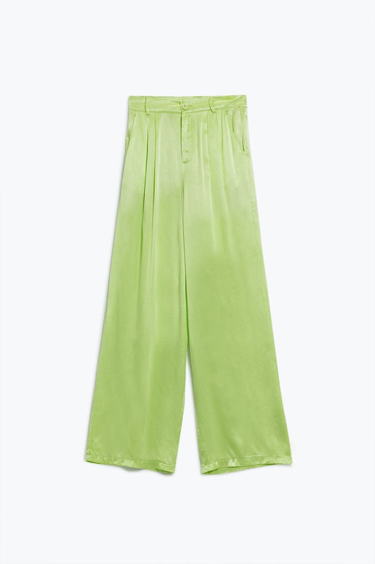 Lime Flared Satin Pants With Pockets - Mack & Harvie