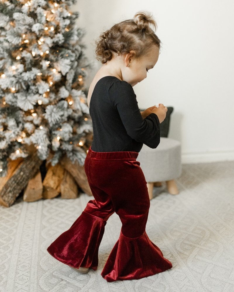 Lina Pleated Velour Bell Bottoms - Wine - Mack & Harvie