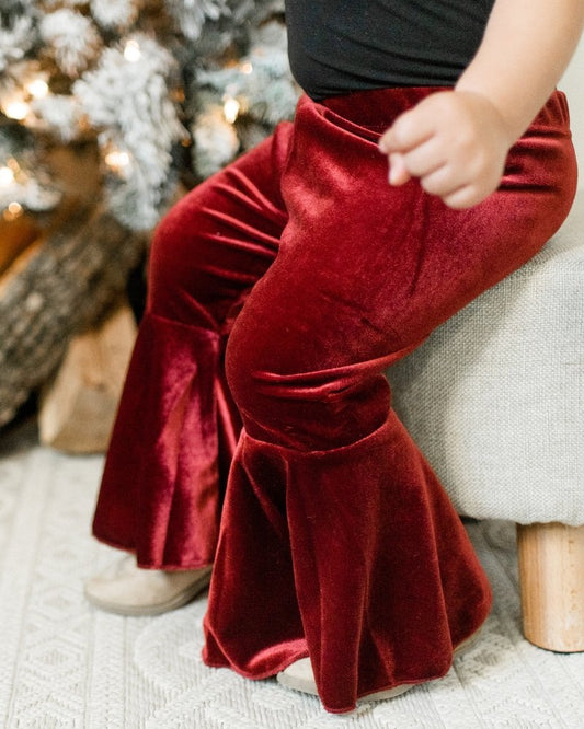 Lina Pleated Velour Bell Bottoms - Wine - Mack & Harvie