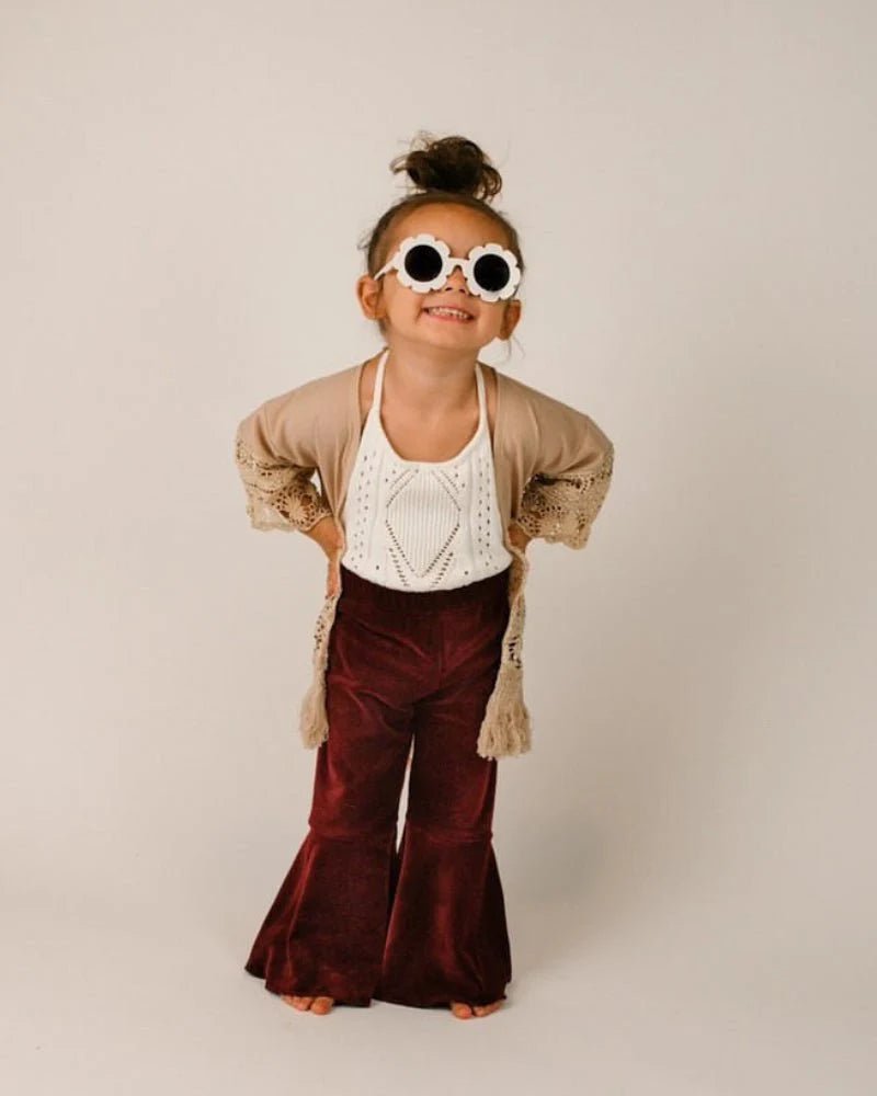 Lina Pleated Velour Bell Bottoms - Wine - Mack & Harvie