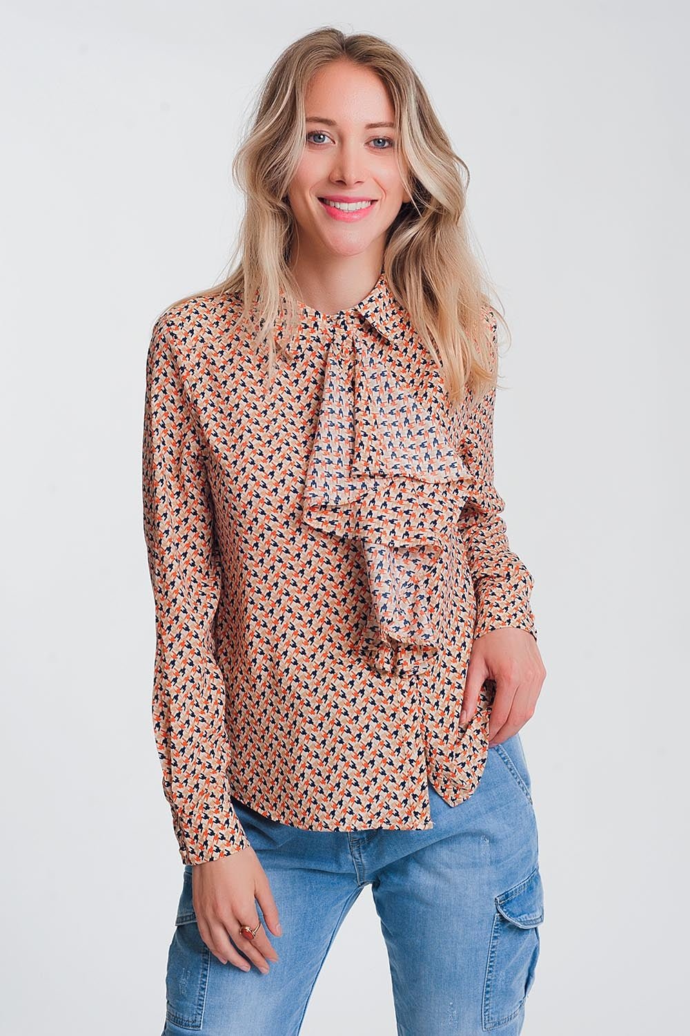 Long Sleeve Blouse With Ruffle Detail in Beige - Mack & Harvie