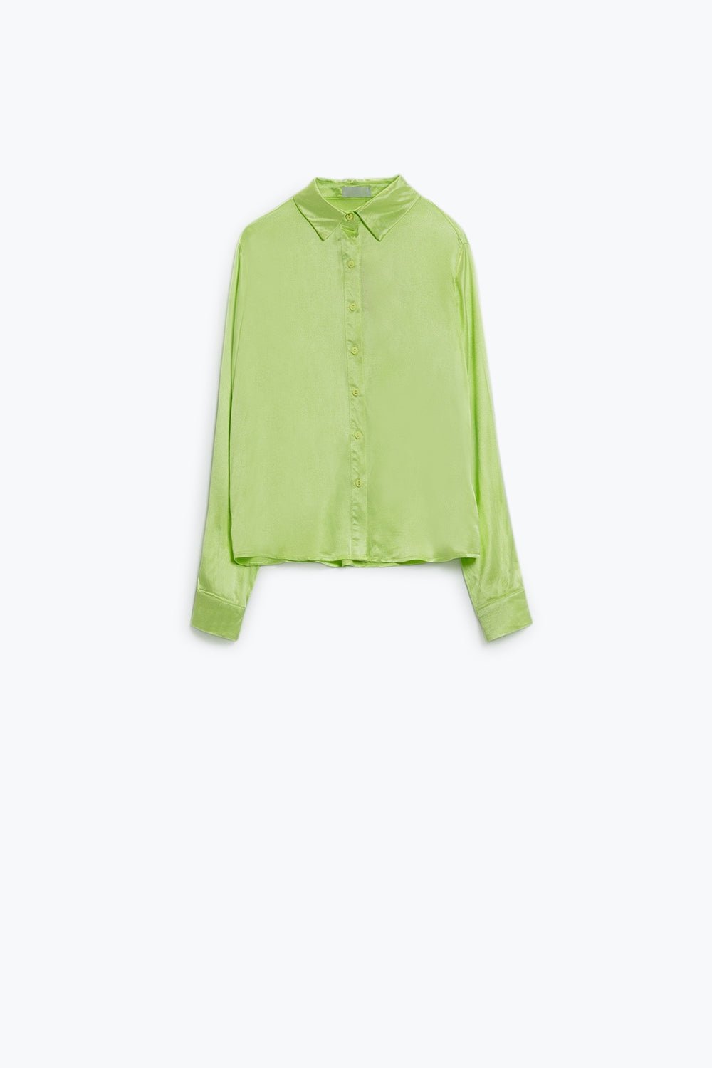 Long Sleeve Button Up Satin Blouse With Polo Collar in the Color Lime - Mack & Harvie