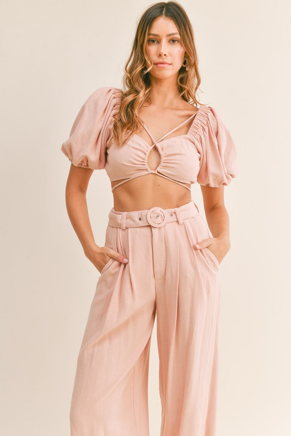 Cut Out Drawstring Crop Top and Belted Pants Set Mack Harvie