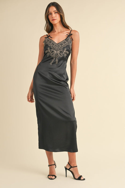 Mable Embroidered Cami Satin Midi Slit Dress - Mack & Harvie