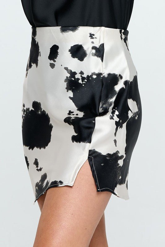 Made in USA Cow Print Satin Mini Skirt with Slit - Mack & Harvie