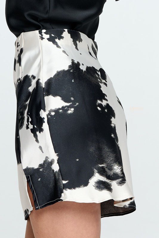 Made in USA Cow Print Satin Mini Skirt with Slit - Mack & Harvie