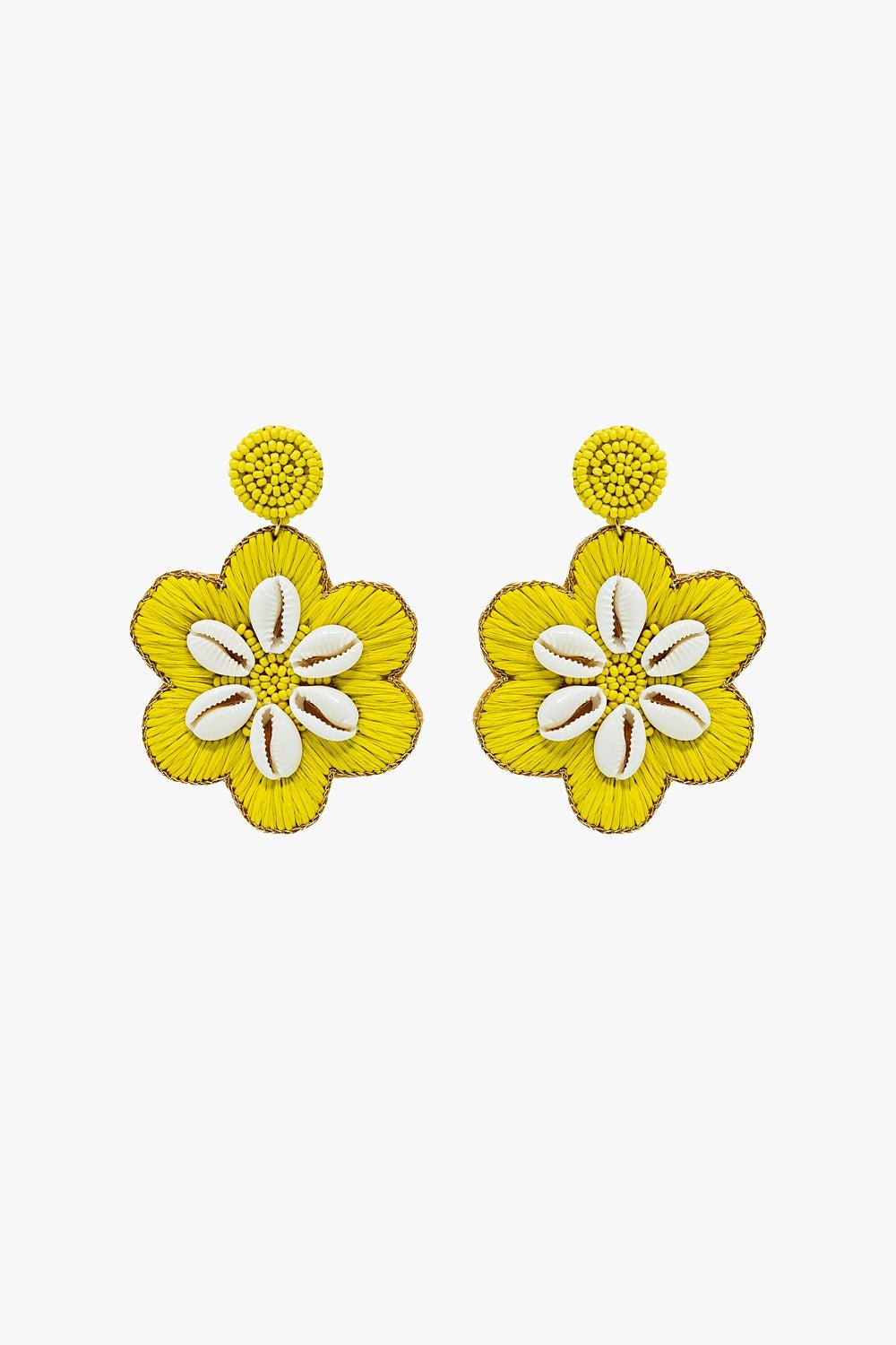 Maxi Embroidered Flower Rafia Earrings With Sea Shell Details in Lime - Mack & Harvie