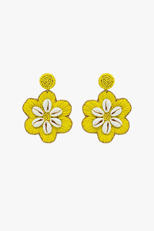 Maxi Embroidered Flower Rafia Earrings With Sea Shell Details in Lime - Mack & Harvie
