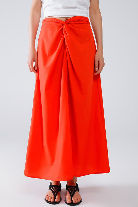 Maxi Orange Poplin Skirt With Knot Detail at the Waist - Mack & Harvie