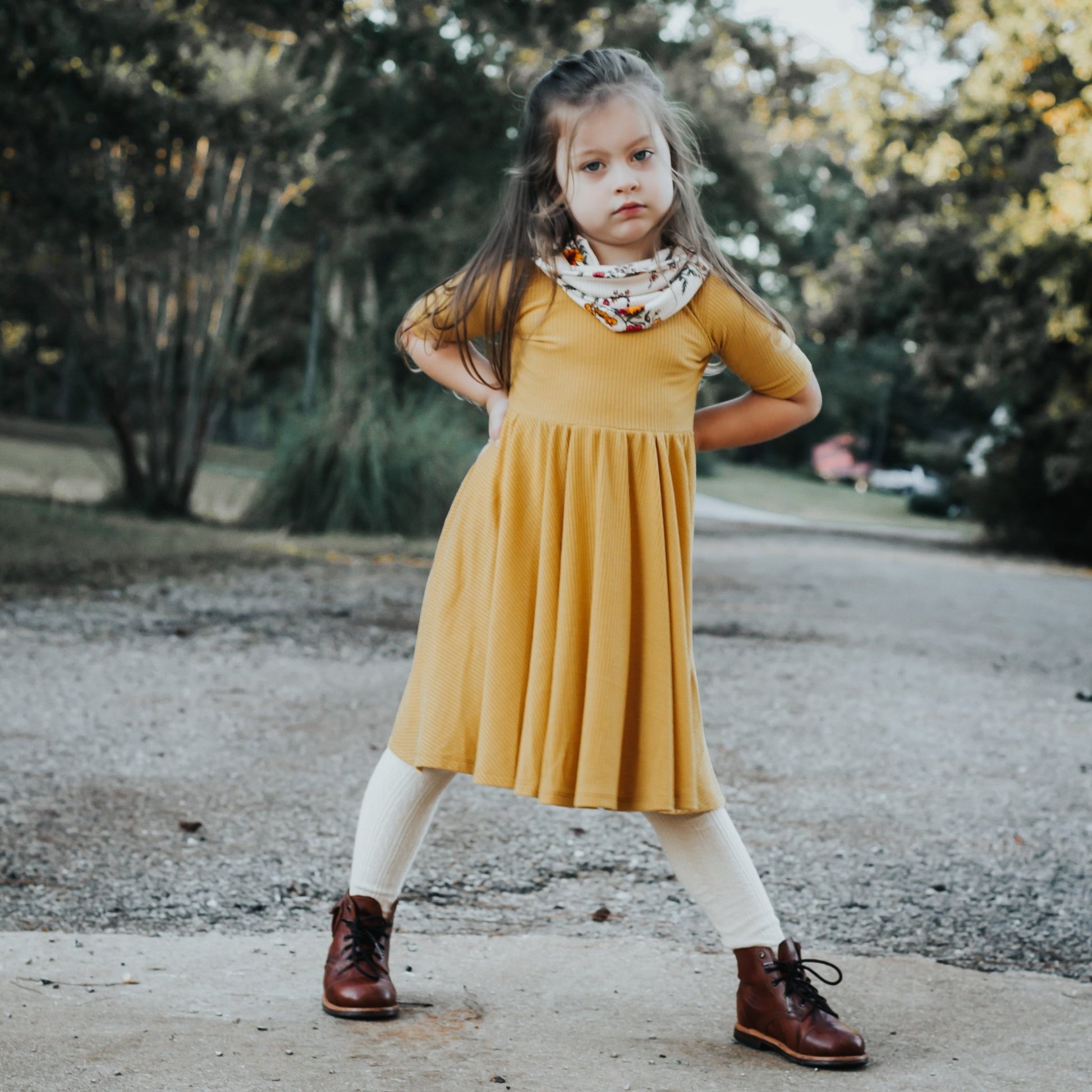 MID SLEEVE TWIRL DRESS - Honey Mustard Ribbed - Mack & Harvie