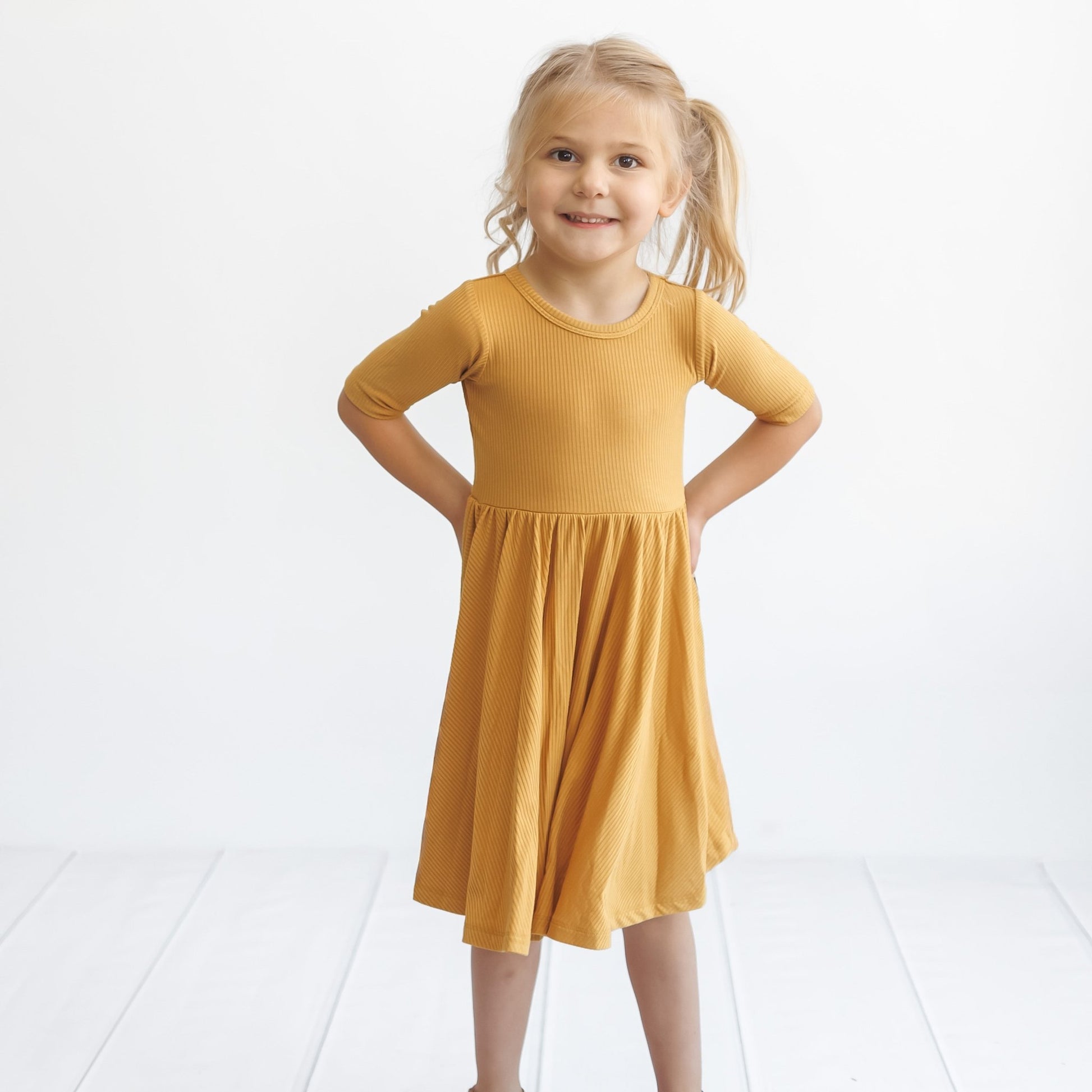 MID SLEEVE TWIRL DRESS - Honey Mustard Ribbed - Mack & Harvie