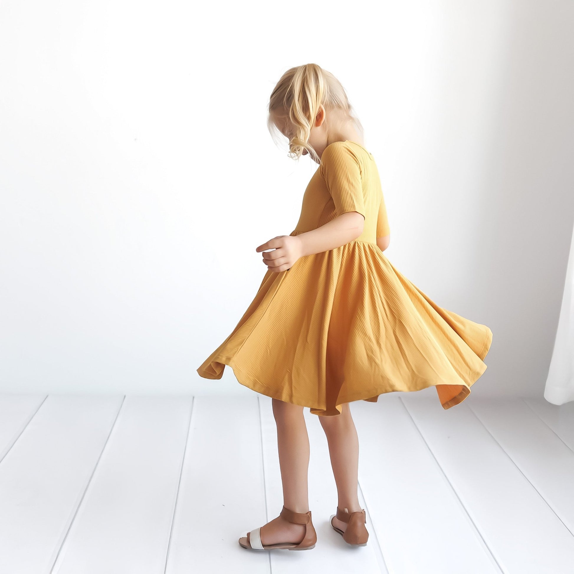 MID SLEEVE TWIRL DRESS - Honey Mustard Ribbed - Mack & Harvie