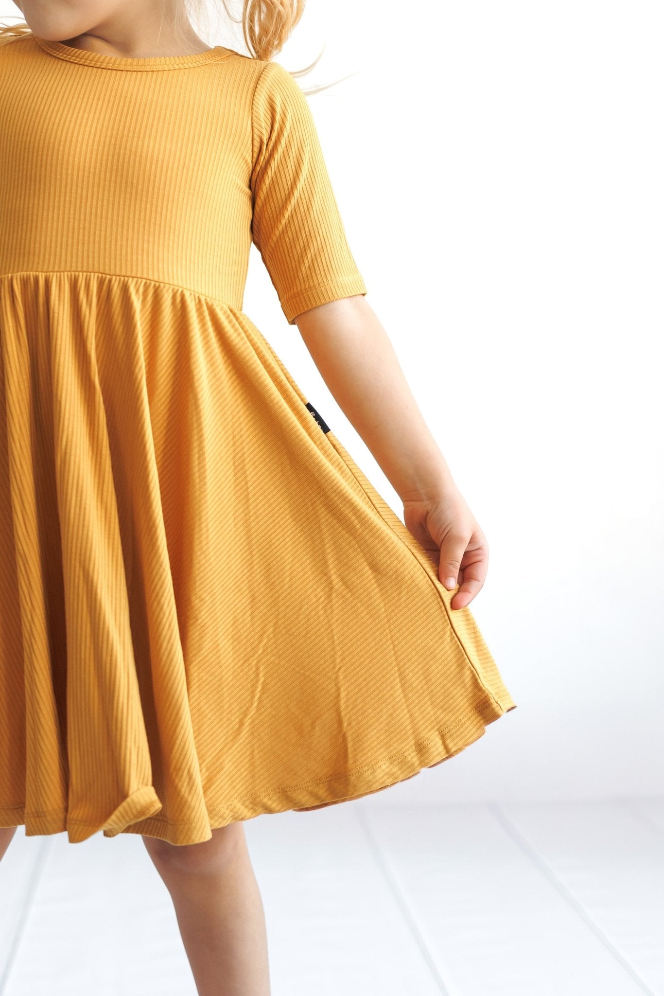 MID SLEEVE TWIRL DRESS - Honey Mustard Ribbed - Mack & Harvie