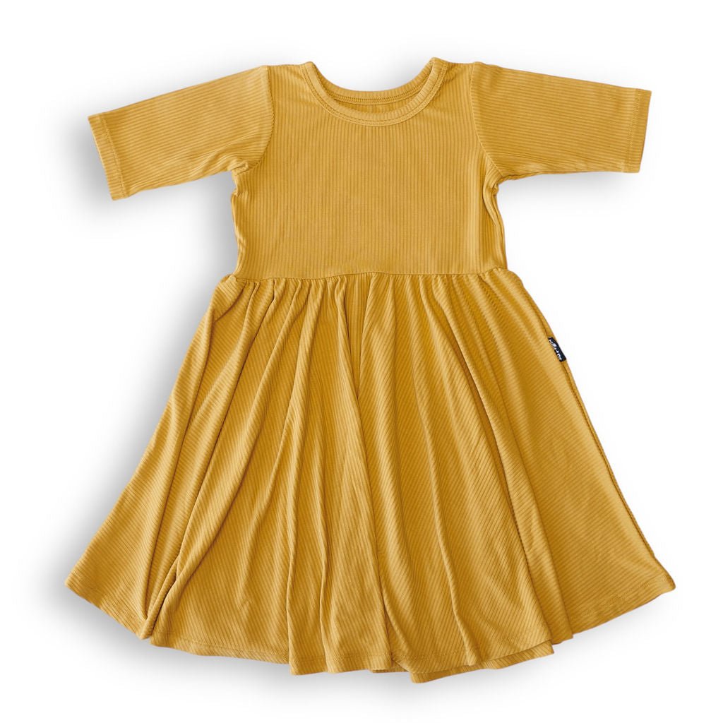 MID SLEEVE TWIRL DRESS - Honey Mustard Ribbed - Mack & Harvie