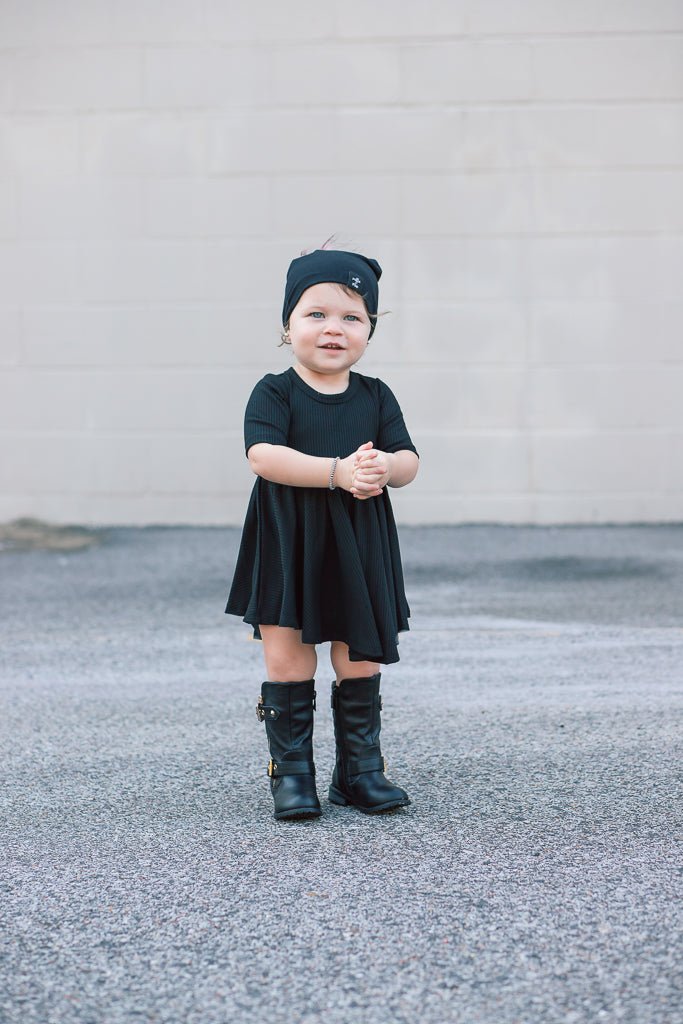 MID SLEEVE TWIRL DRESS - Midnight Ribbed - Mack & Harvie