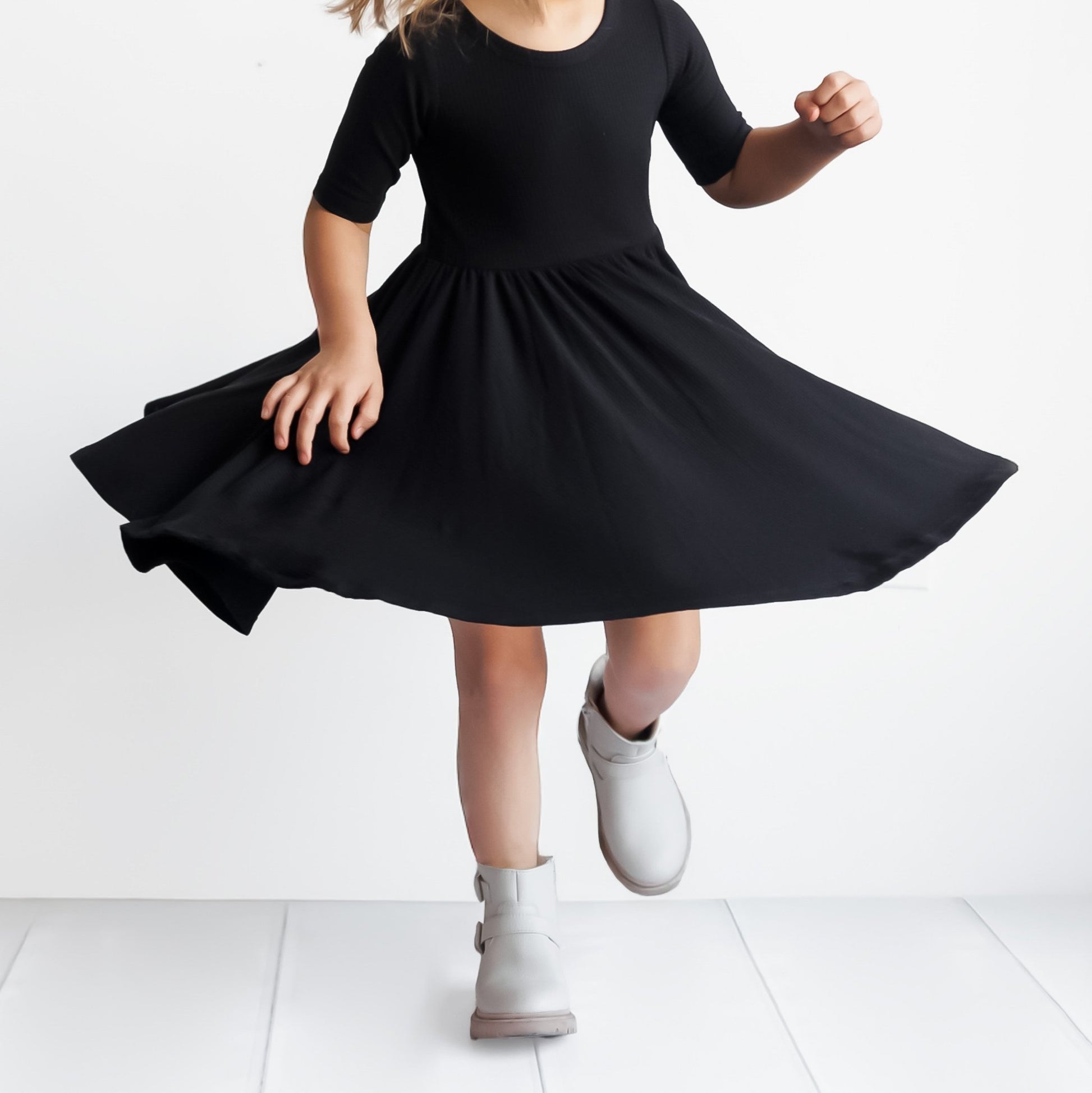 MID SLEEVE TWIRL DRESS - Midnight Ribbed - Mack & Harvie