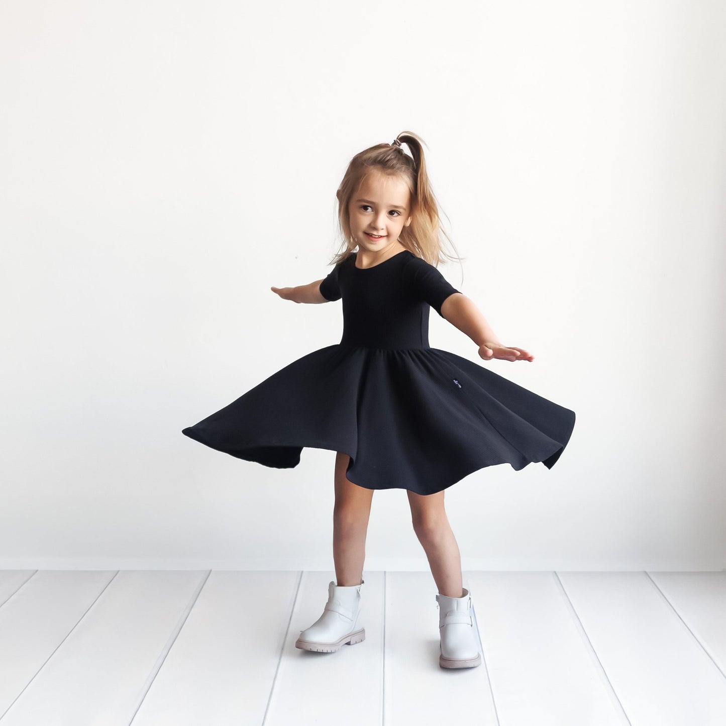 MID SLEEVE TWIRL DRESS - Midnight Ribbed - Mack & Harvie