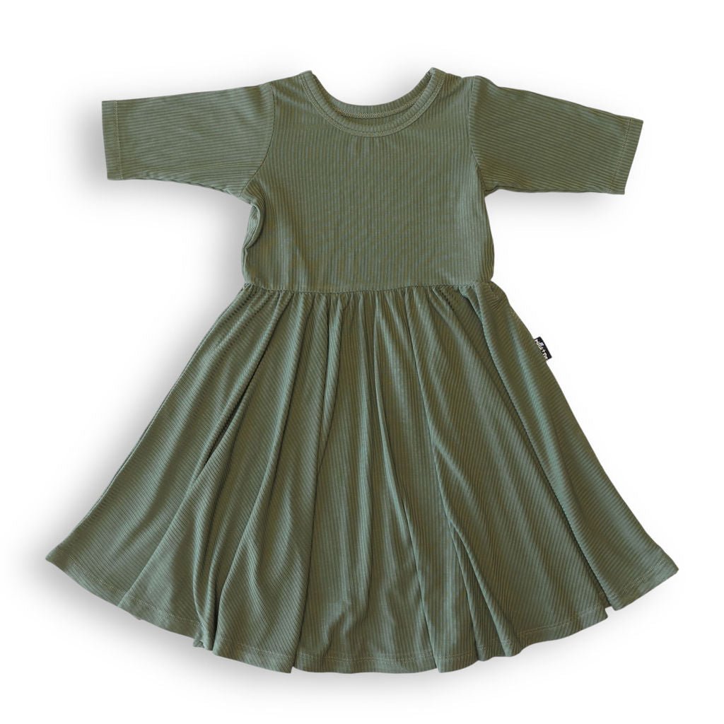 MID SLEEVE TWIRL DRESS - Moss Ribbed - Mack & Harvie