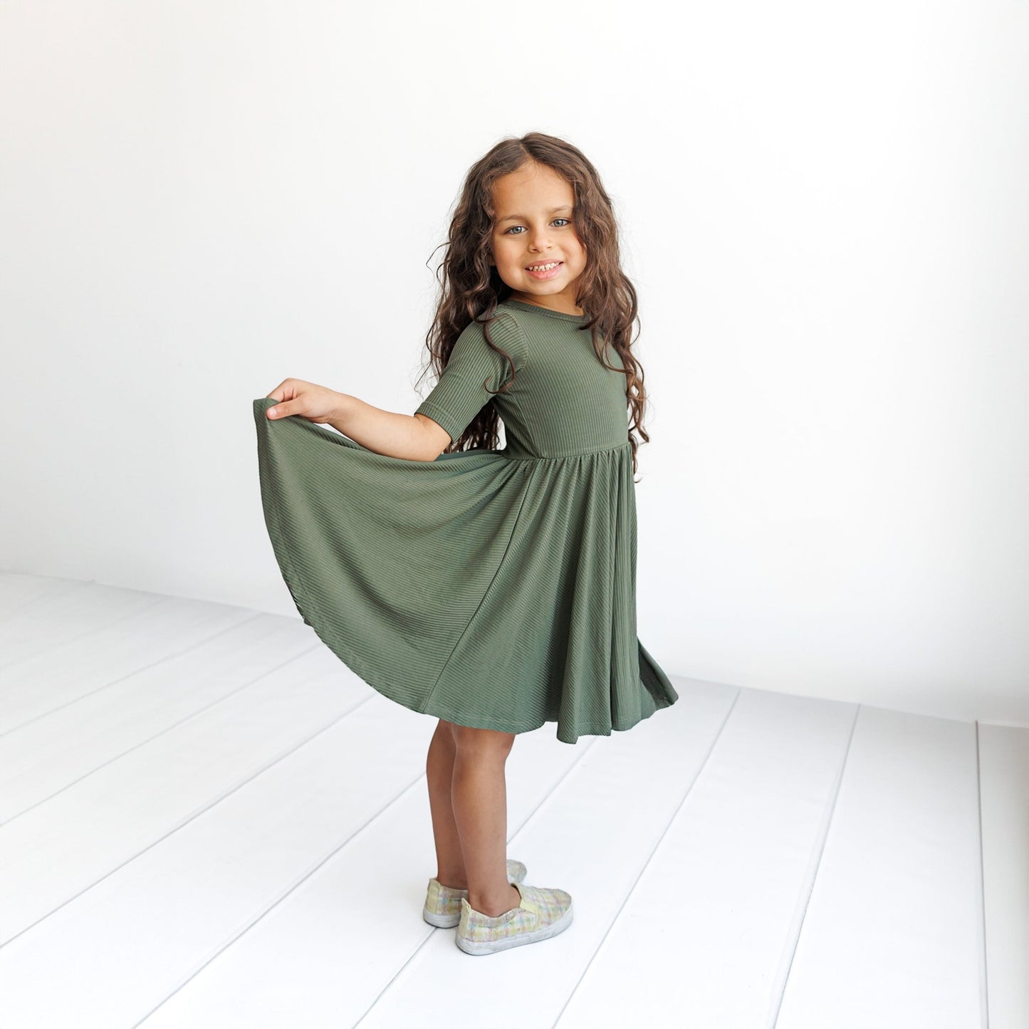 MID SLEEVE TWIRL DRESS - Moss Ribbed - Mack & Harvie