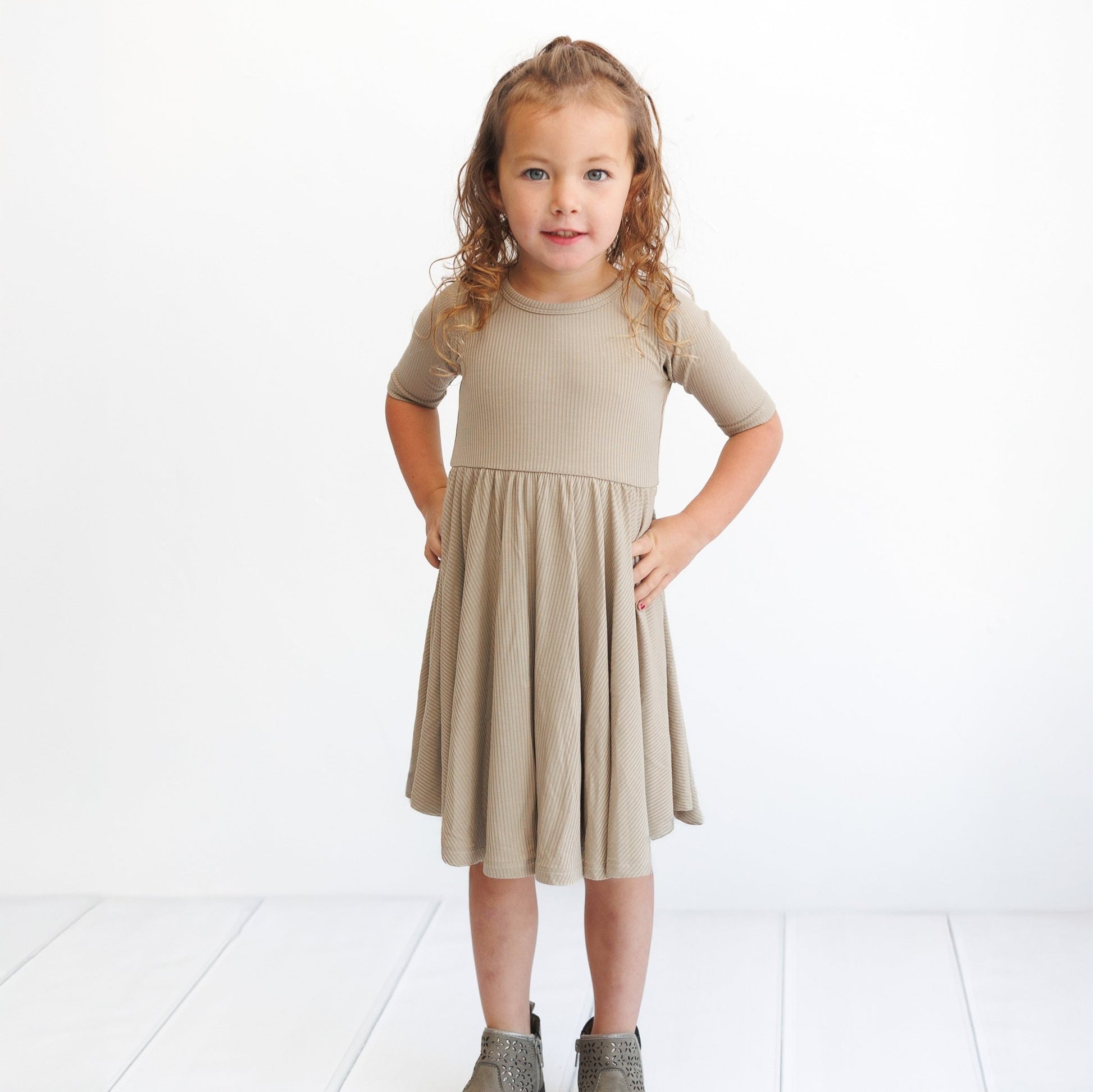 MID SLEEVE TWIRL DRESS - Mushroom Ribbed - Mack & Harvie