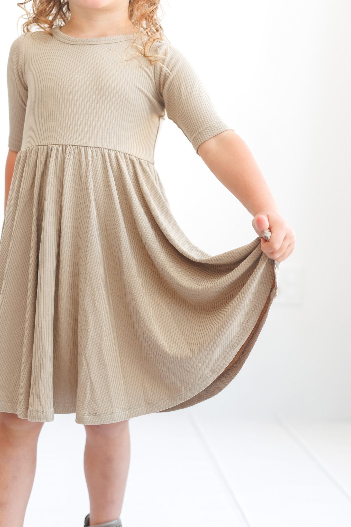 MID SLEEVE TWIRL DRESS - Mushroom Ribbed - Mack & Harvie