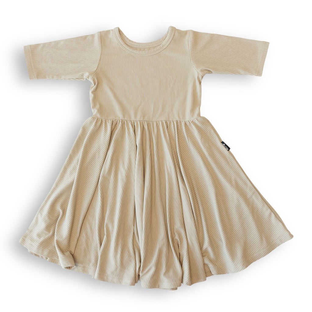 MID SLEEVE TWIRL DRESS - Mushroom Ribbed - Mack & Harvie