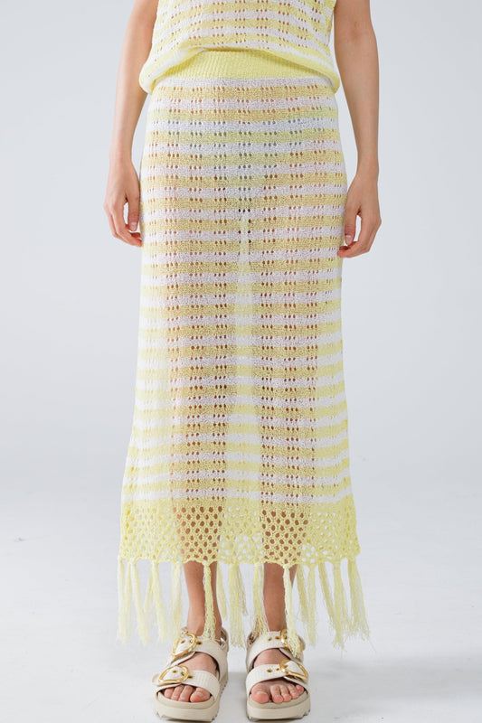 Midi Crochet White Skirt With Yellow Stripes and Fringe Hem - Mack & Harvie