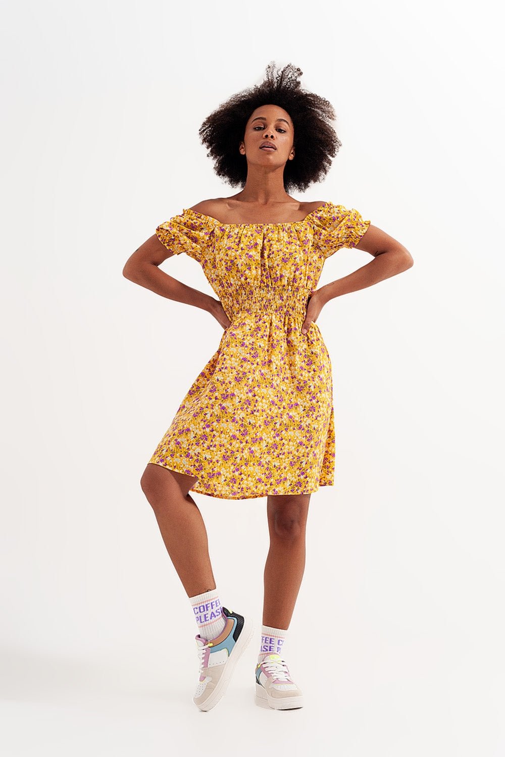 Mini Dress With Shirred Detail in Yellow Ditsy Floral Print - Mack & Harvie