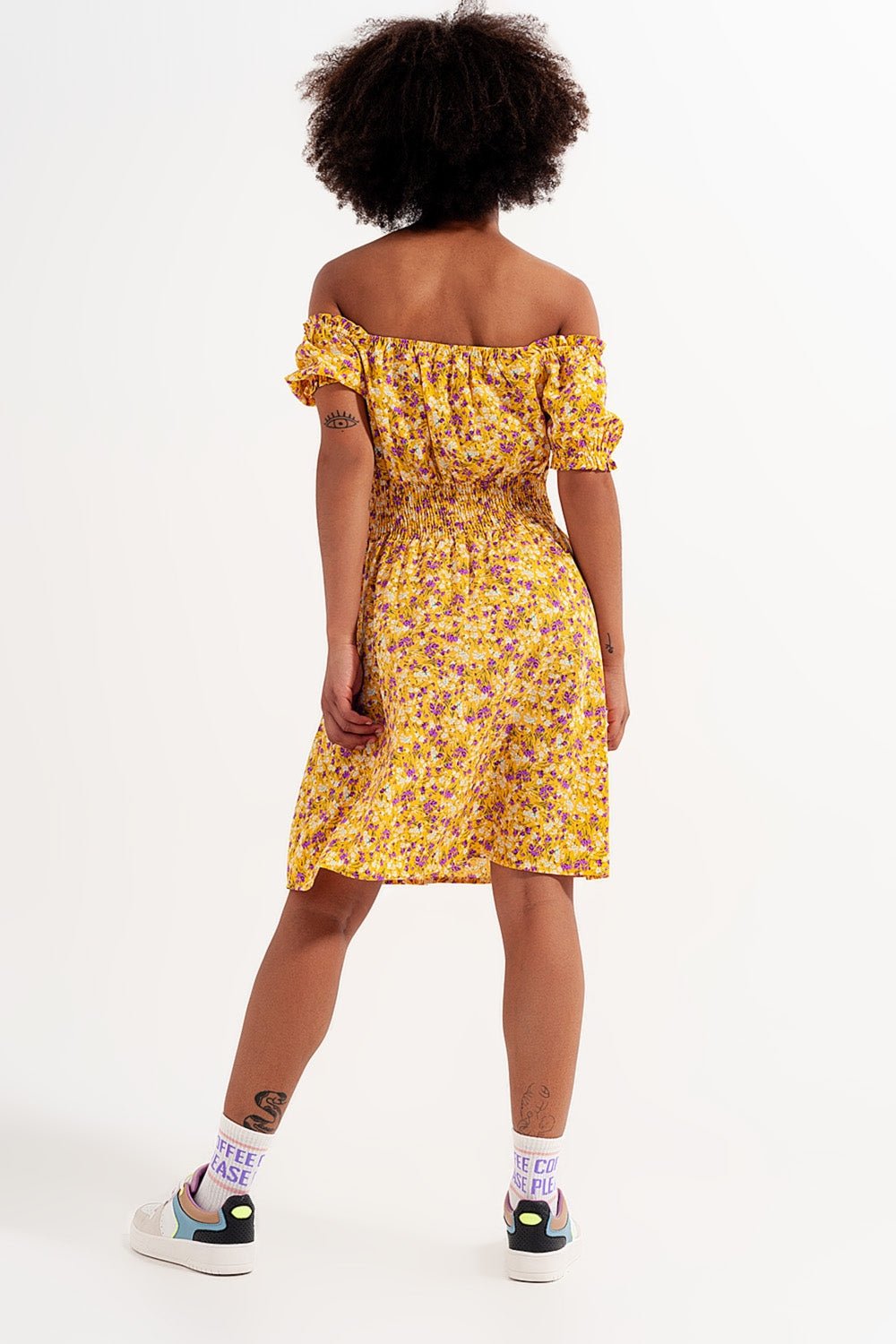 Mini Dress With Shirred Detail in Yellow Ditsy Floral Print - Mack & Harvie