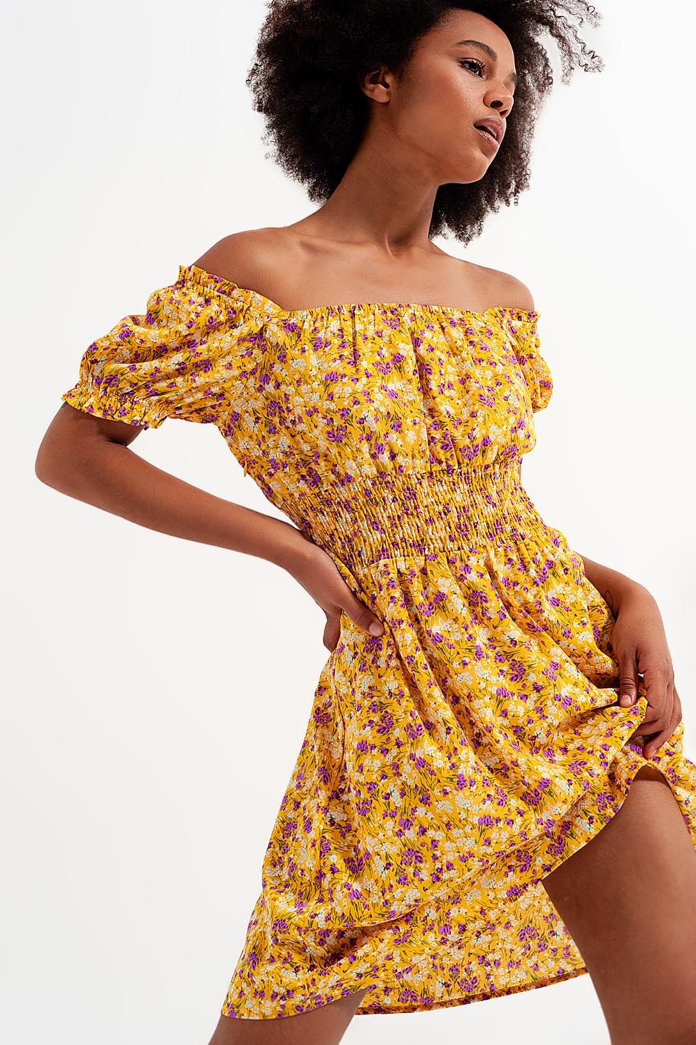 Mini Dress With Shirred Detail in Yellow Ditsy Floral Print - Mack & Harvie